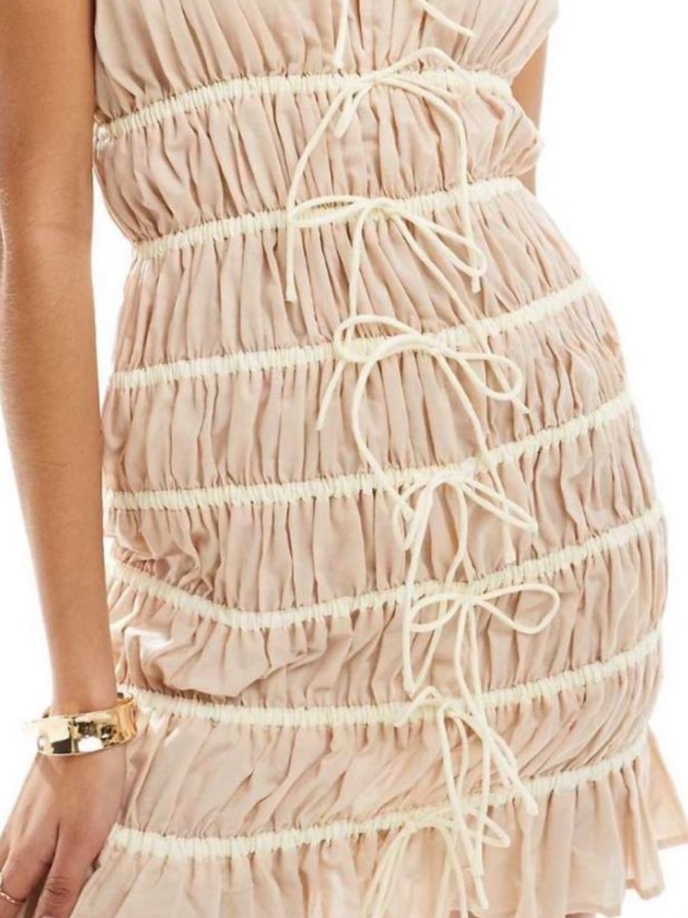 ASOS Blush Pink Ruched Slip Dress with Cream Trim tiered US 0 UK 4 Cotton 100%